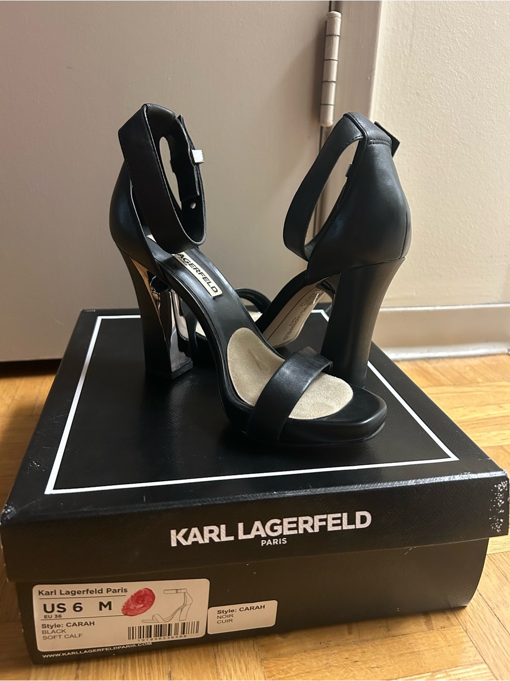 Karl Lagerfeld Black Leather Chunky Ankle-Strap Platform Heels